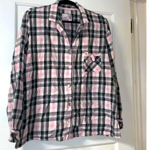 Victoria's Secret Plaid Pink and Black Pajama Top Grosgrain Pink Trim Size L